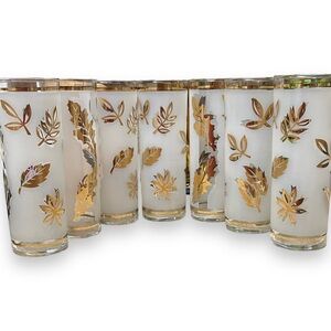 Vintage MCM Libbey Starlyte Gold Leaf Frosted Collins Glasses -set of 7
